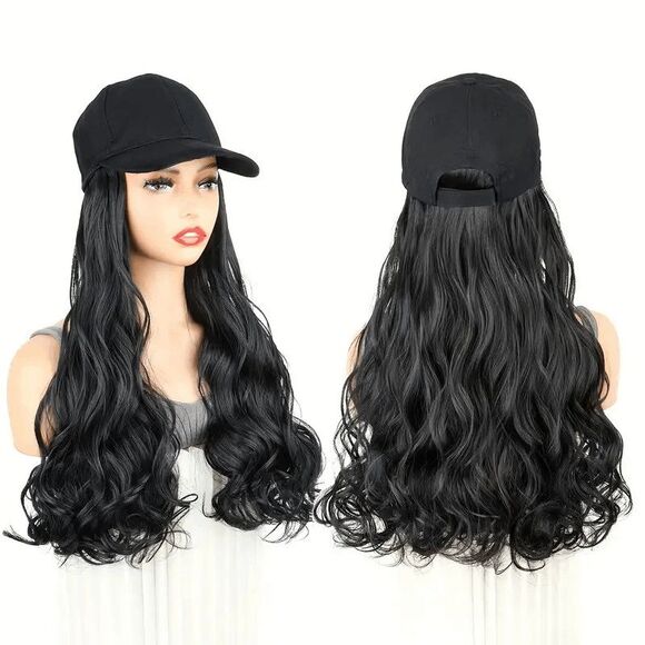 Baseball Cap with Black Wavy Hair Wig - Picture 7 of 8